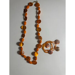 Orange & Brown Beaded Necklace Set, One Size, Stretchy, Boho